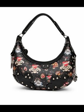 Ed Hardy Black Tattoo-Print Studded Hobo Shoulder Bag